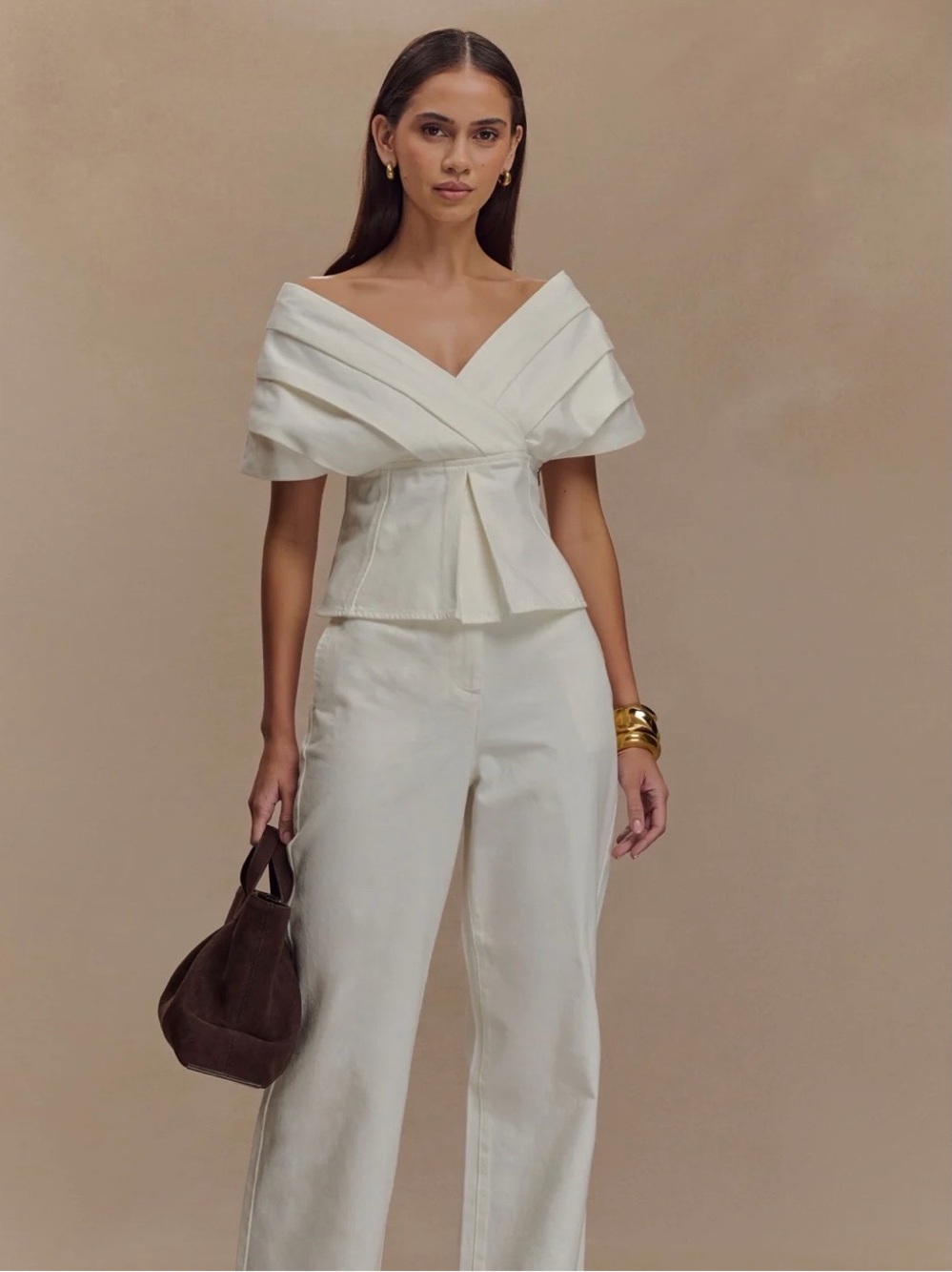 Meshki White Off-Shoulder Folded Peplum Top